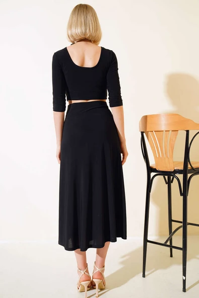 Yırtmaçlı Etekli İkili Takım Siyah - Resim 3