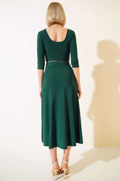 Yırtmaçlı Etekli İkili Takım Zümrüt Yeşili - Resim 3