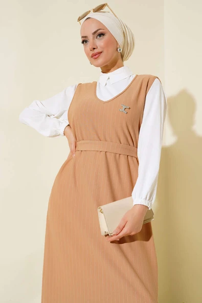 Çizgili Gömlekli Elbise Camel - Resim 2