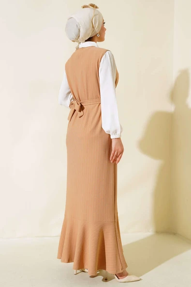 Çizgili Gömlekli Elbise Camel - Resim 3