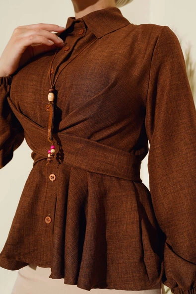 Önü Bağlamalı Gömlek Kestane - Resim 4