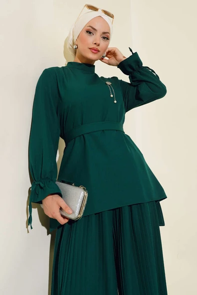 Piliseli Pantolonlu İkili Takım Zümrüt - Resim 2