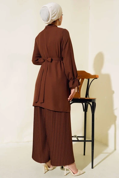 Piliseli Pantolonlu İkili Takım Kahve - Resim 3