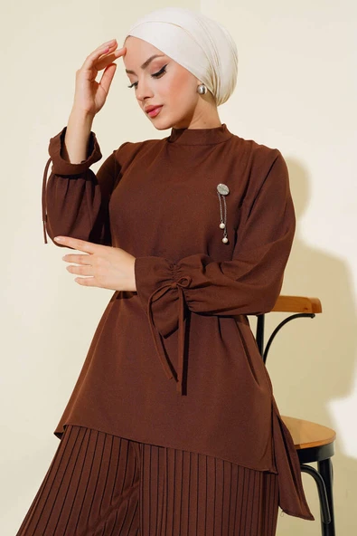 Piliseli Pantolonlu İkili Takım Kahve - Resim 2