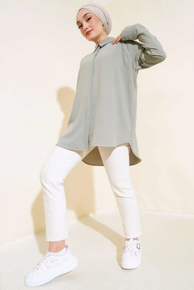 Manşet ve Yaka Taşlı Gömlek Çağla Yeşili - Resim 2