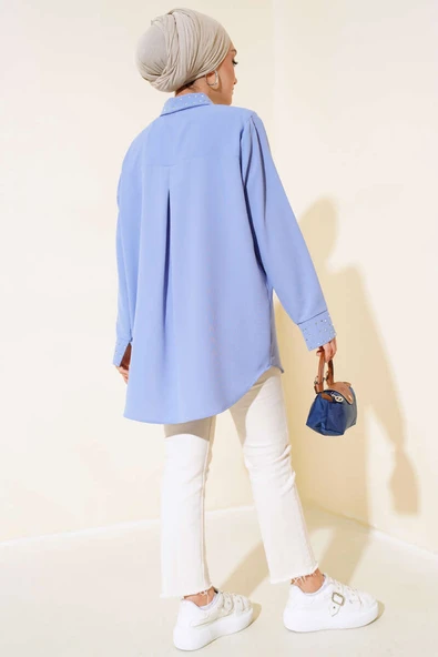 Manşet ve Yaka Taşlı Gömlek Mavi - Resim 3