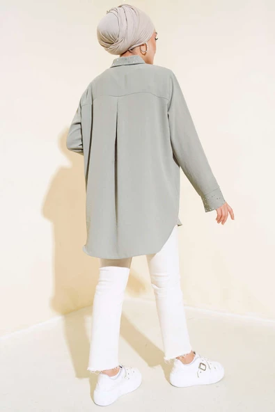 Manşet ve Yaka Taşlı Gömlek Çağla Yeşili - Resim 3