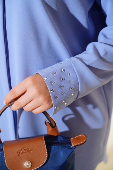 Manşet ve Yaka Taşlı Gömlek Mavi - Resim 4