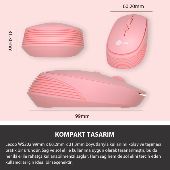 Lenovo Lecoo WS202 Kablosuz 1200DPI 4 Tuşlu Optik Mouse Pembe - 4
