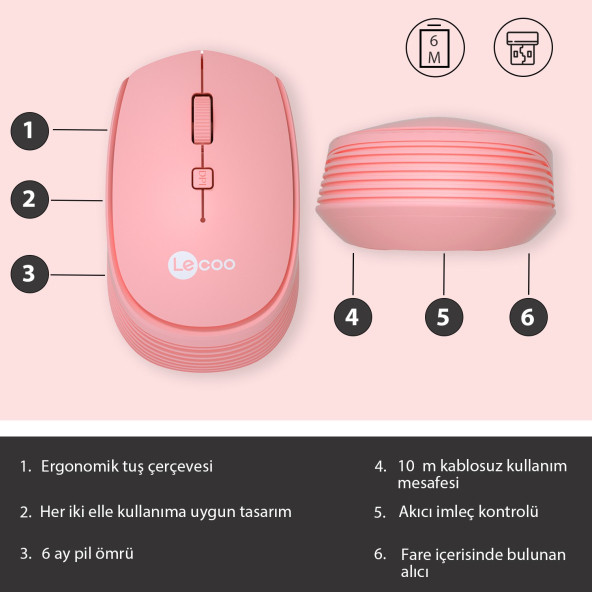 Lenovo Lecoo WS202 Kablosuz 1200DPI 4 Tuşlu Optik Mouse Pembe - 5