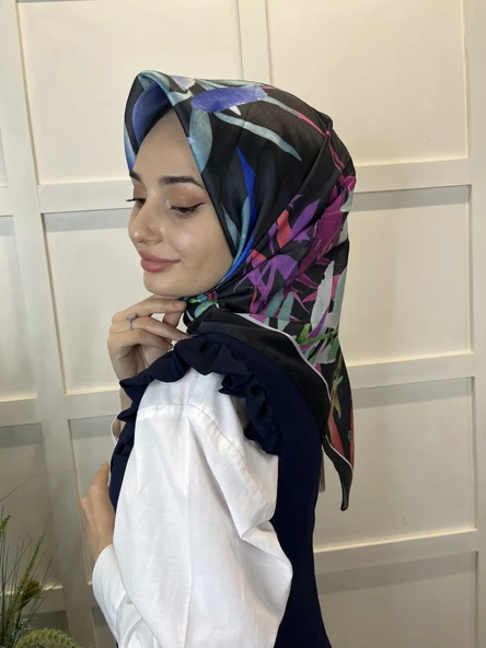 Quare Kristal Eşarp, Yaprak Desenli Kristal Rayon Eşarp 01064  SİYAH YEŞİL - 3