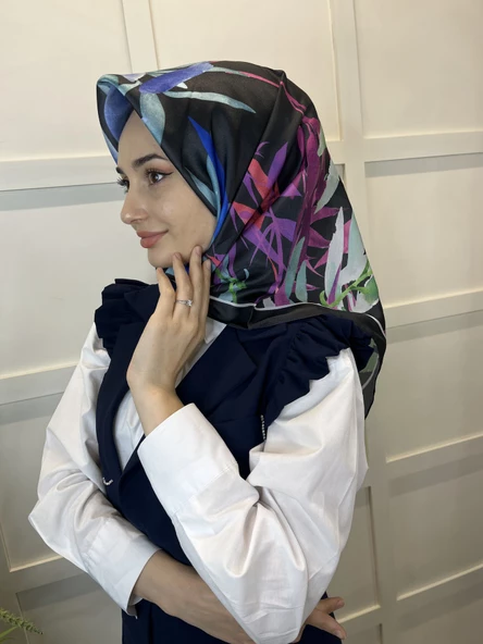 Quare Kristal Eşarp, Yaprak Desenli Kristal Rayon Eşarp 01064  SİYAH YEŞİL - 2