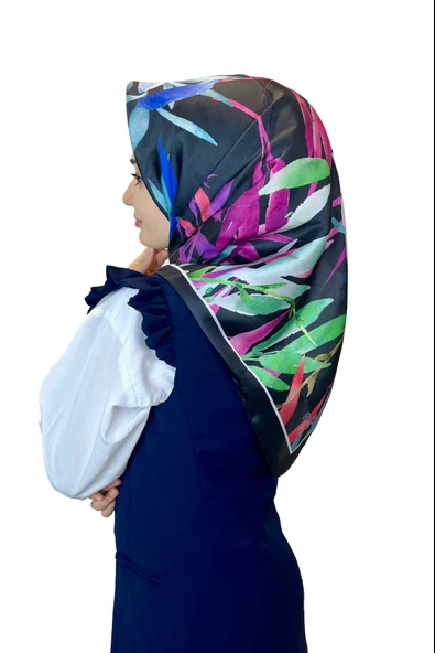 Quare Kristal Eşarp, Yaprak Desenli Kristal Rayon Eşarp 01064  SİYAH YEŞİL - 1