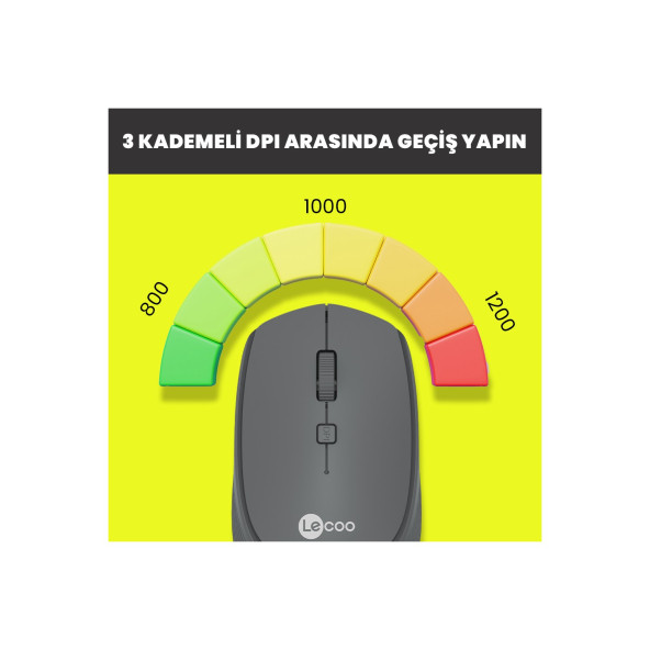 Lenovo Lecoo WS202 Kablosuz 1200DPI 4 Tuşlu Optik Mouse Gri - 5