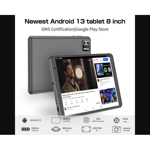 8 inç Tablet Android 13, 8GB(4 + 4) RAM/64GB ROM IPS ekran 5000MAH pil, çift kamera, WiFi - 3