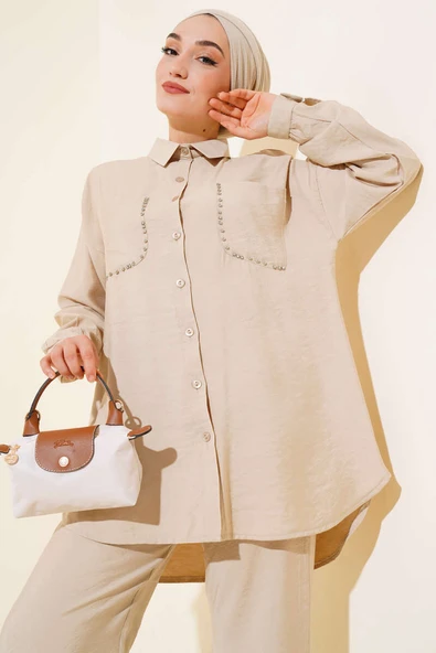 Cepleri Taşlı Tensel İkili Takım Bej - Resim 2