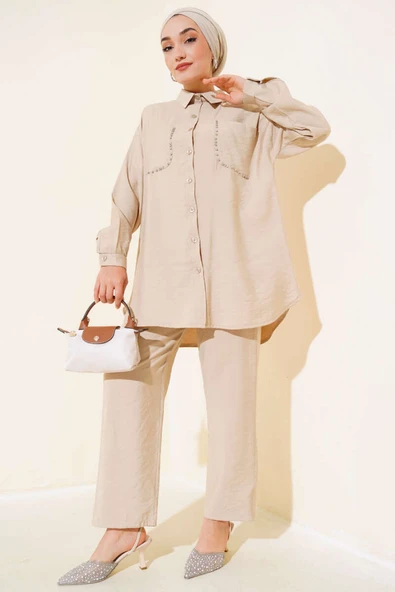 Cepleri Taşlı Tensel İkili Takım Bej ürün görseli 1