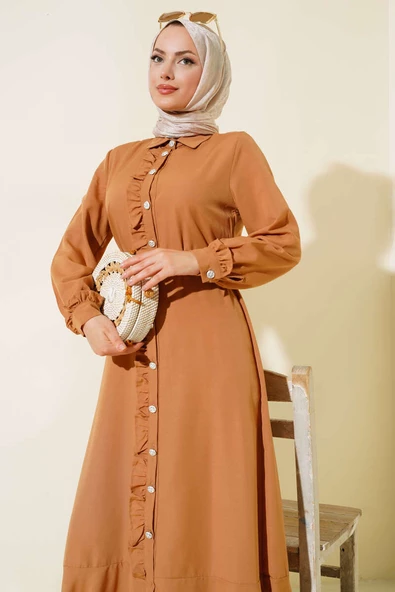 Boydan Fırfırlı Elbise Camel - 2