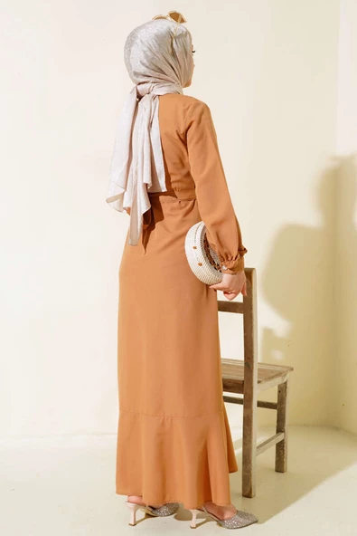 Boydan Fırfırlı Elbise Camel - 3