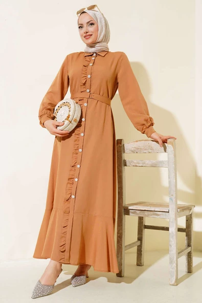 Boydan Fırfırlı Elbise Camel ürün görseli 1