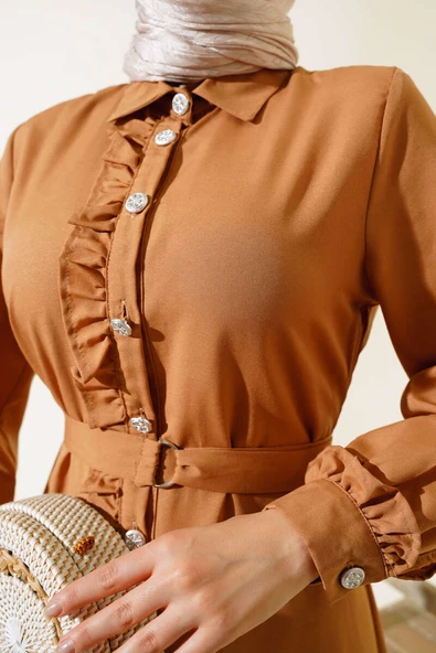 Boydan Fırfırlı Elbise Camel - Resim 4