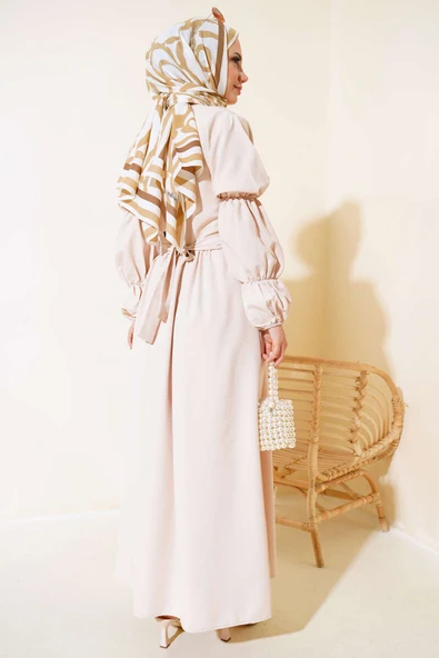 Önü Tül Detaylı Elbise Bej - Resim 3