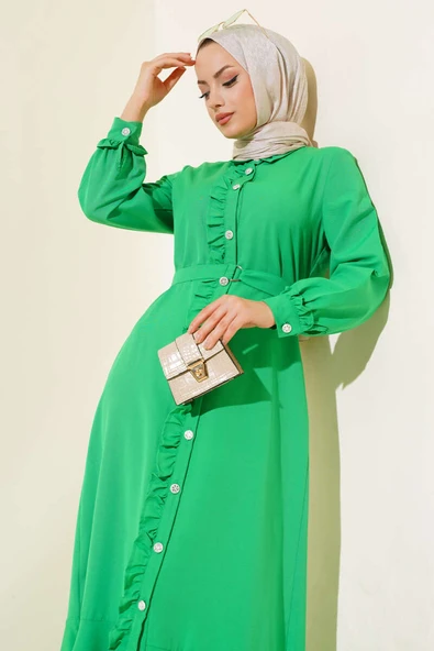 Boydan Fırfırlı Elbise Yeşil - Resim 2