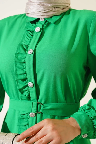 Boydan Fırfırlı Elbise Yeşil - Resim 4