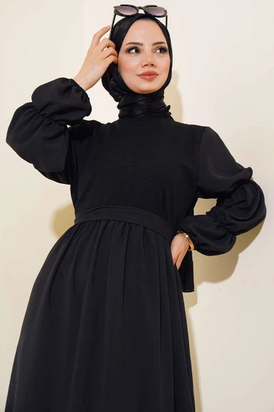 Önü Tül Detaylı Elbise Siyah - 2