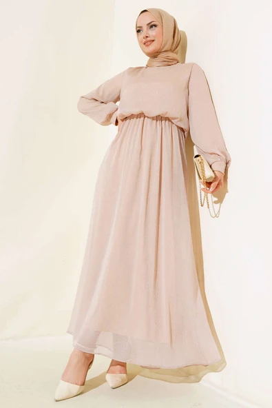 Parlak Tül Elbise Bej ürün görseli 1