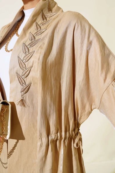 Nakış İşlemeli Parlak Kimono Bej - Resim 4