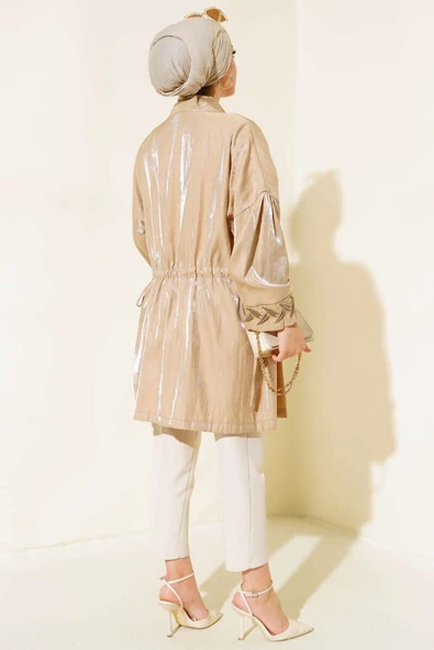 Nakış İşlemeli Parlak Kimono Bej - Resim 3