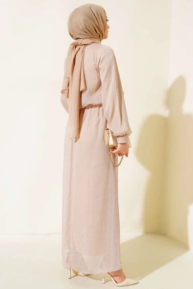 Parlak Tül Elbise Bej - Resim 3