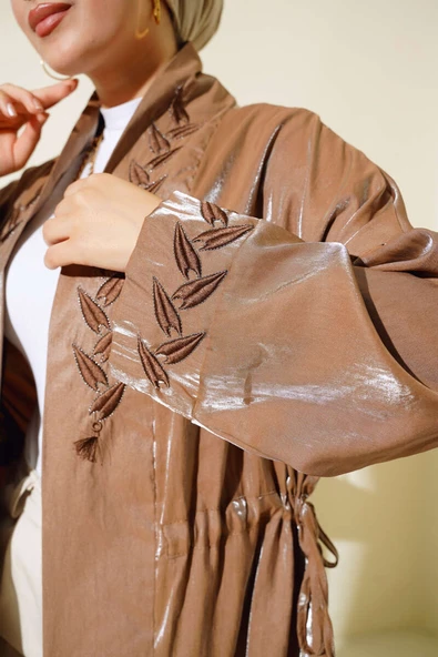 Nakış İşlemeli Parlak Kimono Kahve - Resim 4