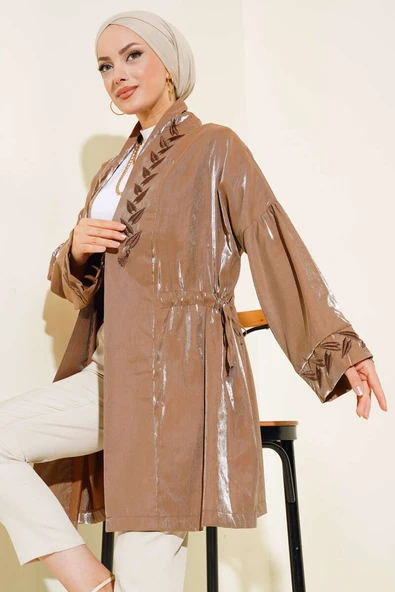 Nakış İşlemeli Parlak Kimono Kahve ürün görseli 1