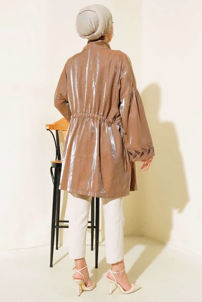 Nakış İşlemeli Parlak Kimono Kahve - Resim 3