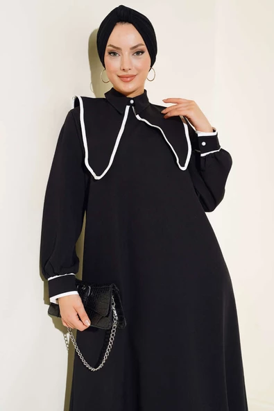 Geniş Yaka Elbise Siyah - 2