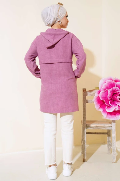 Araboy Kapşonlu Keten Kap Gül Kurusu - 3