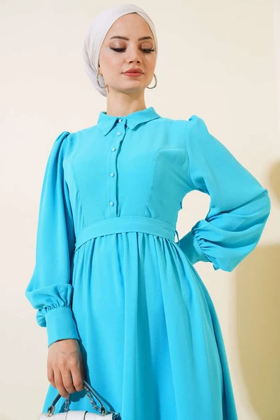 Kuşaklı Gömlek Yaka Elbise Turkuaz - Resim 2