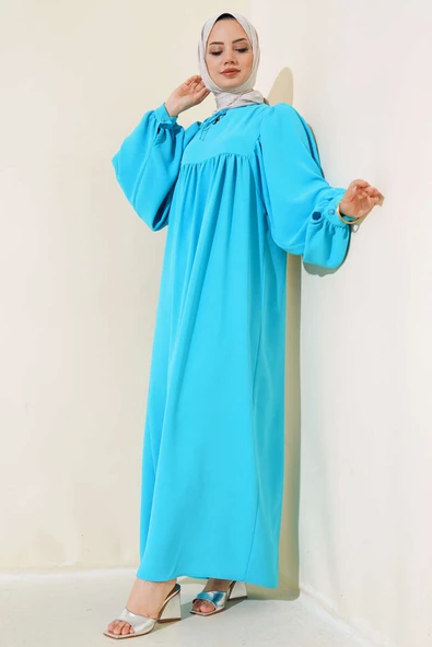 Yakası Bağlamalı Balon Kol Elbise Turkuaz ürün görseli 1