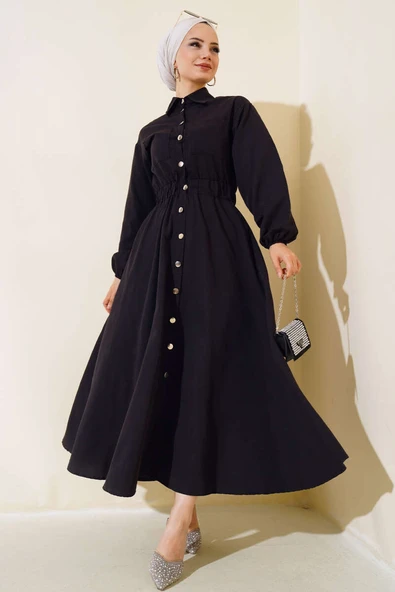 Bel Lastikli Metal Düğmeli Elbise Siyah ürün görseli 1