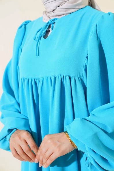 Yakası Bağlamalı Balon Kol Elbise Turkuaz - Resim 4