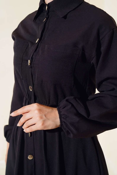 Bel Lastikli Metal Düğmeli Elbise Siyah - Resim 4