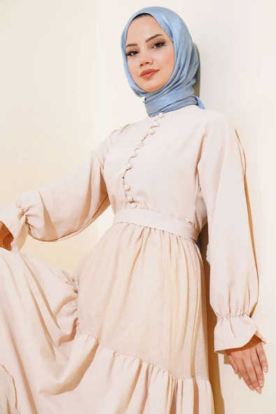 Yarım Düğmeli Petek Dantelli Elbise Bej - Resim 2