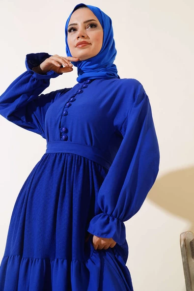 Yarım Düğmeli Petek Dantelli Elbise Saks - 2