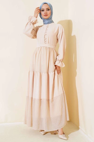 Yarım Düğmeli Petek Dantelli Elbise Bej ürün görseli 1