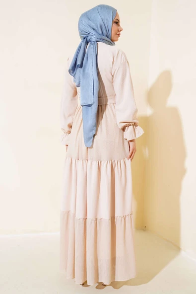 Yarım Düğmeli Petek Dantelli Elbise Bej - Resim 3