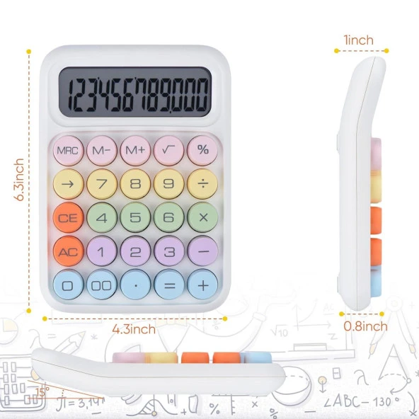 Valkyrie Renkli Çok Şirin 12 Hane Mekanik Hesap Makinası Büyük Ekranlı 4 Fonksiyonlu Ev Ofis Okul Beyaz - 6