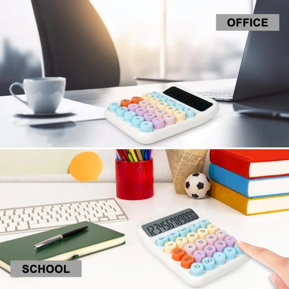 Valkyrie Renkli Çok Şirin 12 Hane Mekanik Hesap Makinası Büyük Ekranlı 4 Fonksiyonlu Ev Ofis Okul Beyaz - 8