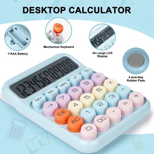 Valkyrie Renkli Çok Şirin 12 Hane Mekanik Hesap Makinası Büyük Ekranlı 4 Fonksiyonlu Ev Ofis Okul Mavi - 6